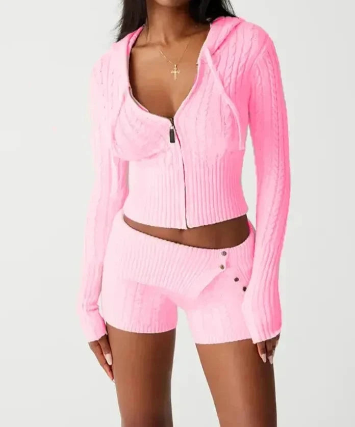 Knitted Hooded Cardigan Shorts Two Piece Set