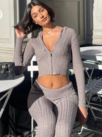 Knitted Hooded Zipper Two Piece Set