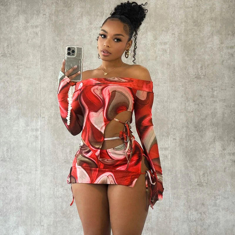 Print Skirt & Long Sleeve Cut Out Top Two Piece Set