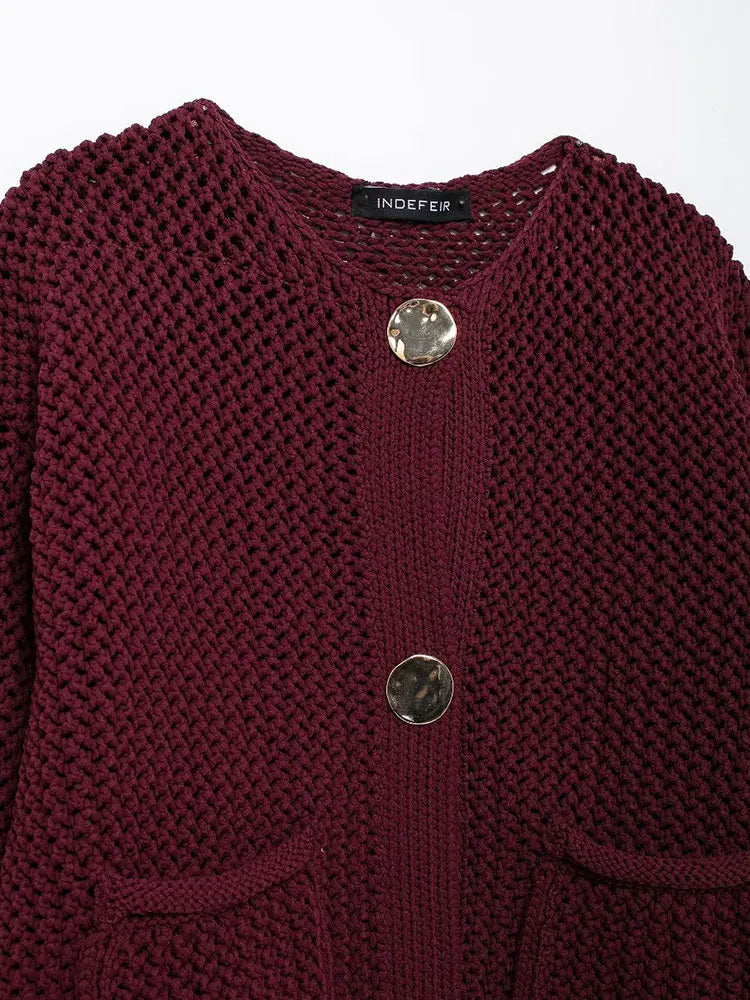 Burgundy Knitted Button Detail Cardigan