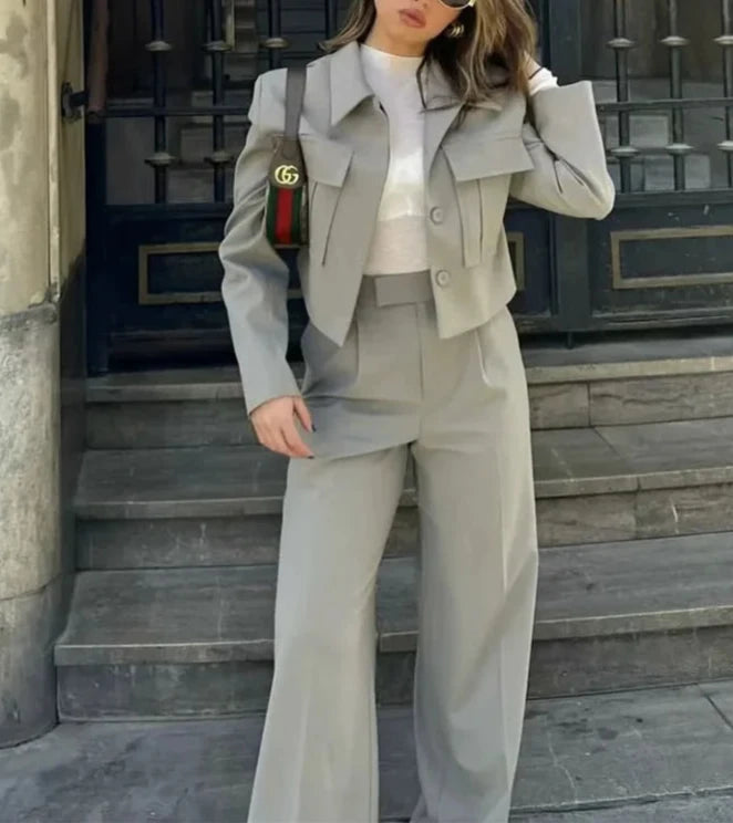 Crop Jackets And Wide Leg Trousers Two Piece Set