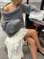 Off-Shoulder Solid Knit Oversized Sweater