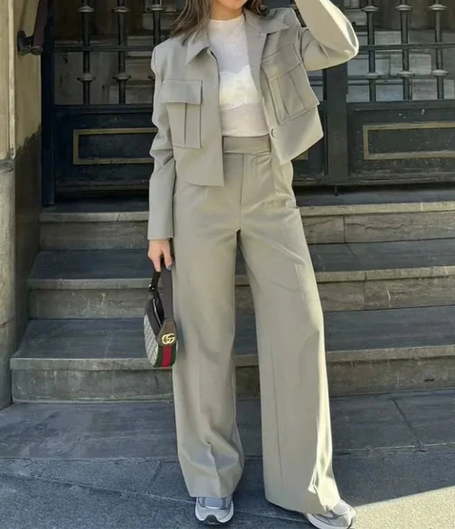 Crop Jackets And Wide Leg Trousers Two Piece Set