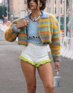 Striped Knit Cropped Cardigan Zipped Sweater