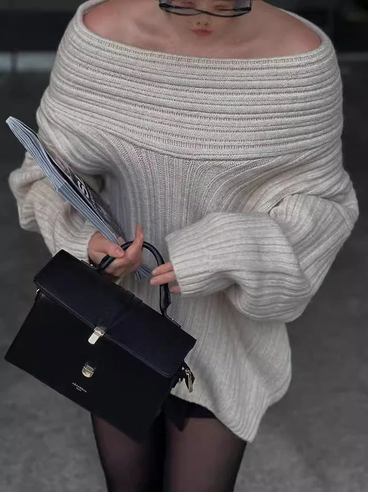 Off-Shoulder Solid Knit Oversized Sweater