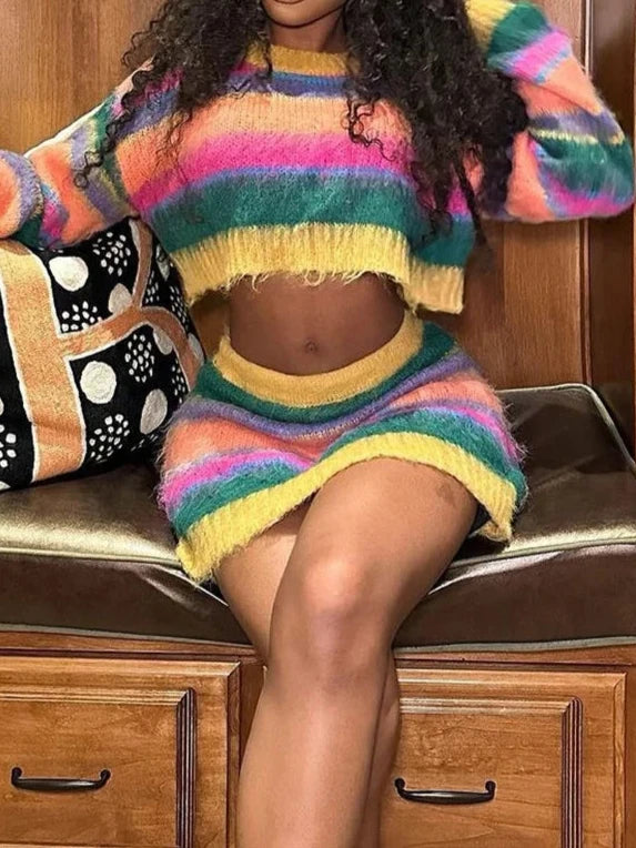 Long Sleeve Crop Top & Mini Skirt Knitted Two Piece Set