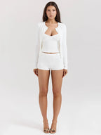 Ribbed Knit Top Cardigan And Shorts Three Piece Set