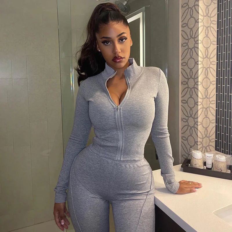 Zipper Coat & Split Leggings Two Piece Set