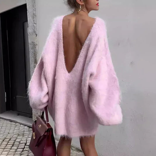 Long Oversized Backless Fluffy Knitted Sweater Dress