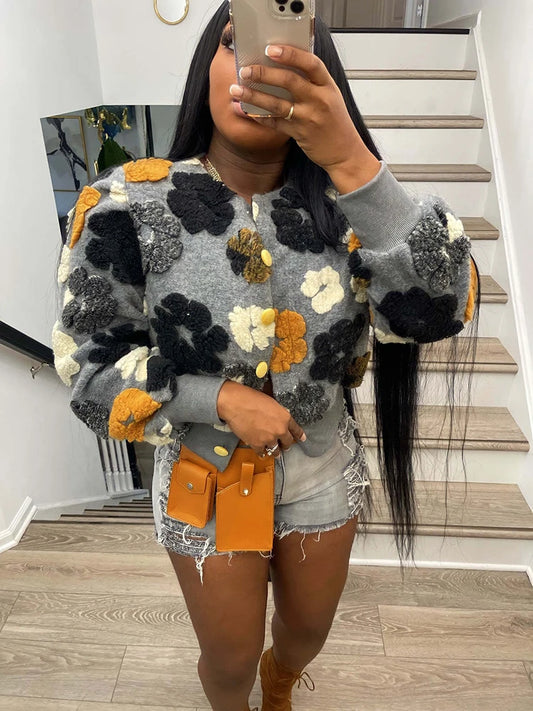 3D Flower Cotton Rib Knit Sweater Cardigan