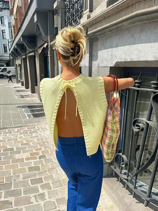Yellow Back Lace Up Pullover Sweater