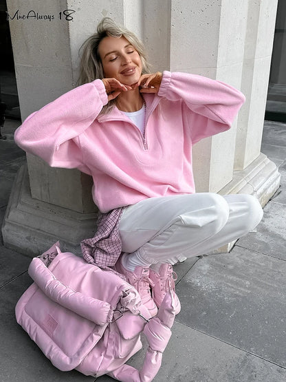 Polar Fleece Pink Zipper Pullover Sweater