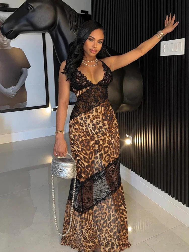 Amarisse™ Leopard Print Mesh Patchwork Maxi Dress