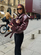 Long Sleeved Cropped Burgundy Leather Jacket