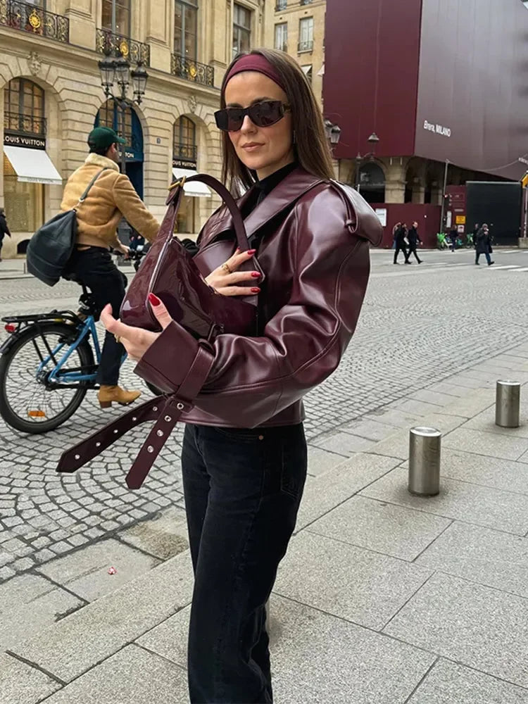 Long Sleeved Cropped Burgundy Leather Jacket