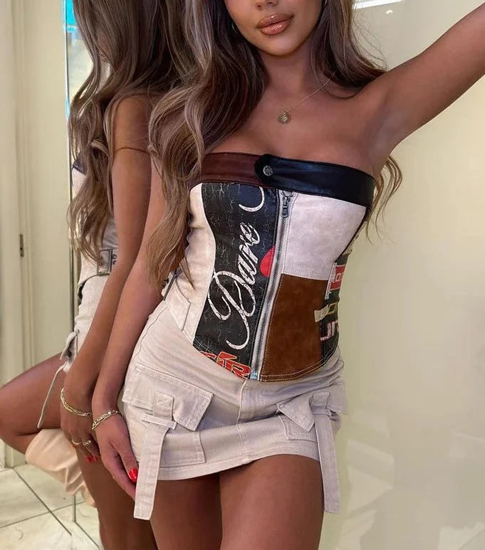 Faux Leather Vintage Patchwork Print Tube Top