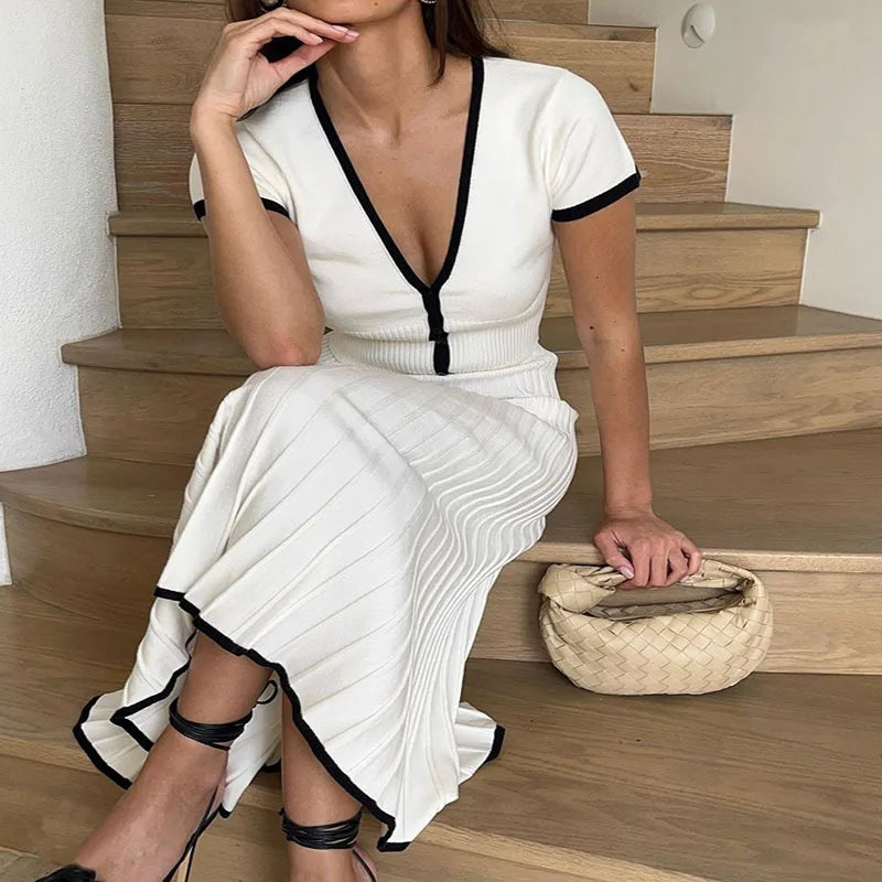 Pleated Maxi Skirt Short Sleeve Top Two piece Set