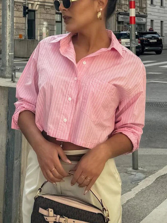 Casual Loose Striped Turn Down Blouse Cropped Shirt