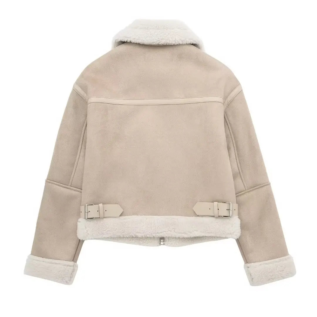 Beige Faux Shearling Aviator Jacket