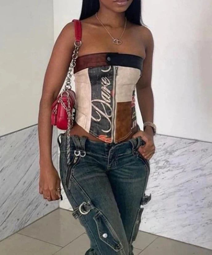 Faux Leather Vintage Patchwork Print Tube Top
