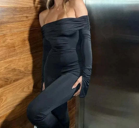 Sexy Slash Neck Off Shoulder Long Sleeve Slim Jumpsuit