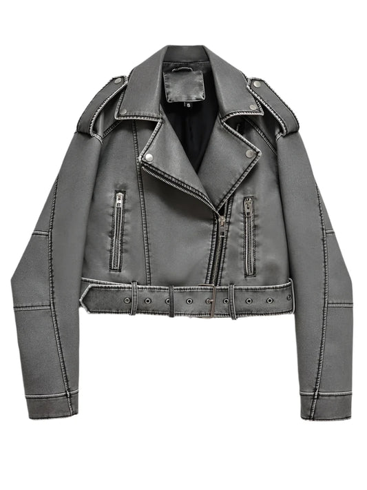 Vintage Biker Loose Washed Faux Leather Short Jacket