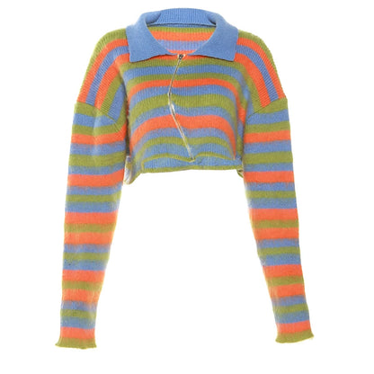Striped Knit Cropped Cardigan Zipped Sweater