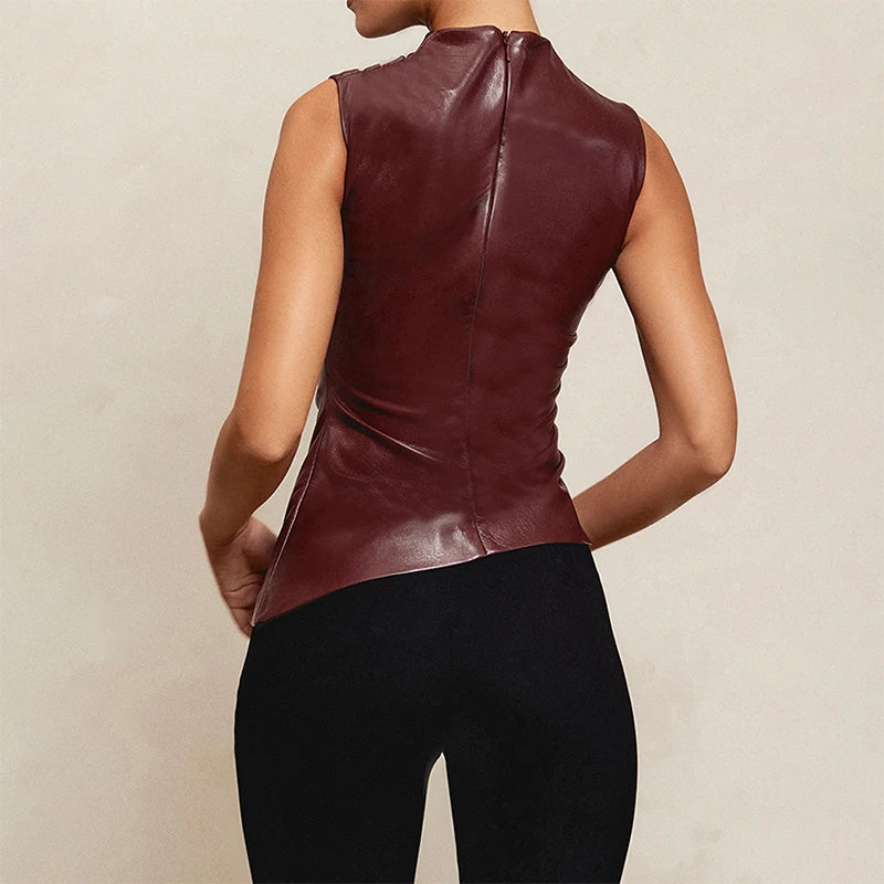 Vintage PU Asymmetric Ruched Asymmetric Top