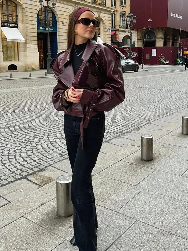 Long Sleeved Cropped Burgundy Leather Jacket