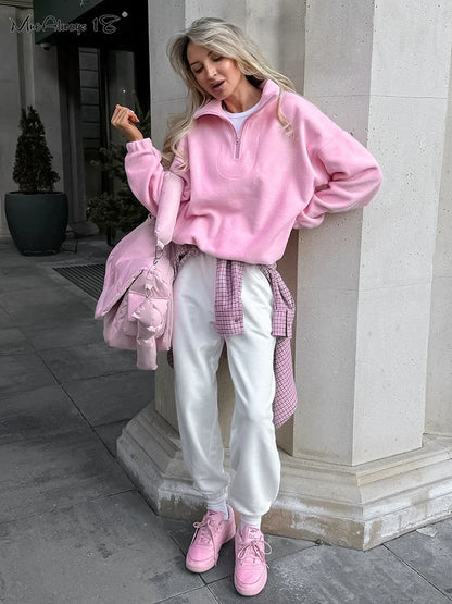 Polar Fleece Pink Zipper Pullover Sweater