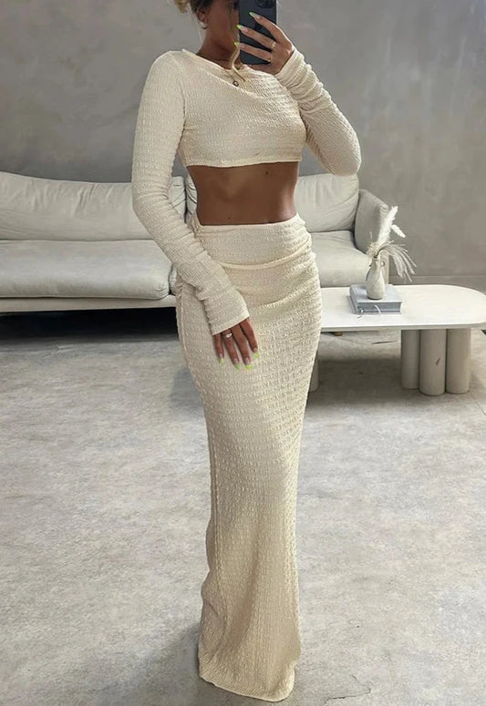 Long Sleeve Crop Tops & Maxi Skirt Two Piece Set