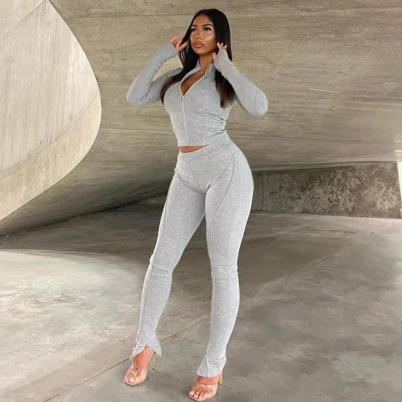 Zipper Coat & Split Leggings Two Piece Set