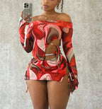 Print Skirt & Long Sleeve Cut Out Top Two Piece Set