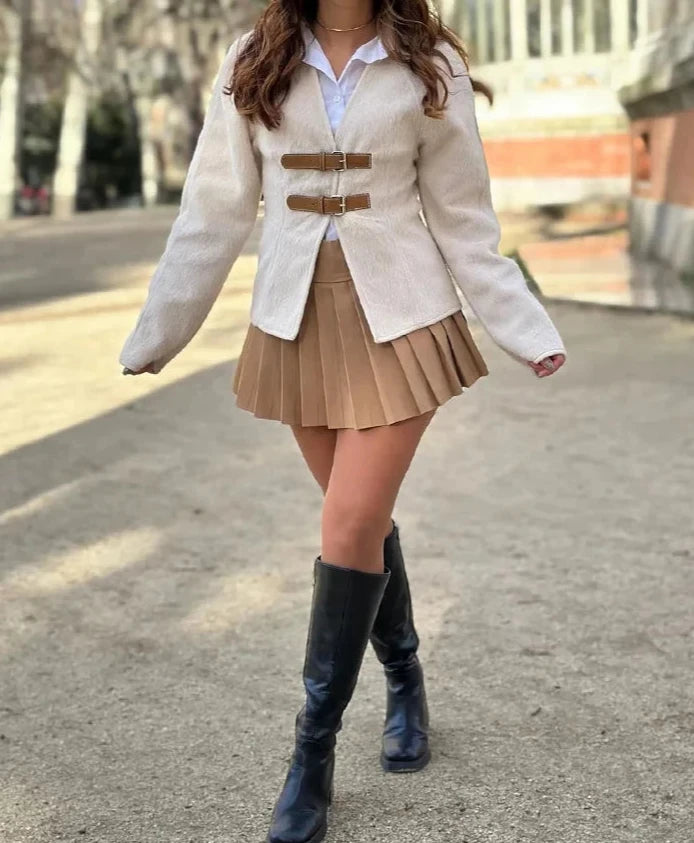Vintage White Leather Buckle Woolen Jacket