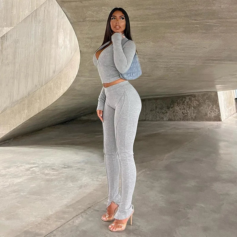 Zipper Coat & Split Leggings Two Piece Set