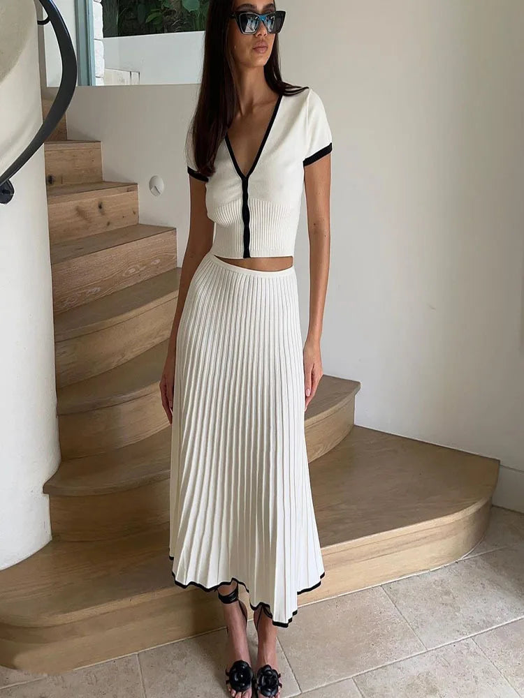 Pleated Maxi Skirt Short Sleeve Top Two piece Set