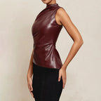 Vintage PU Asymmetric Ruched Asymmetric Top