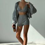 Marl Gray Three Piece Bralette Shorts And Cardigan Set