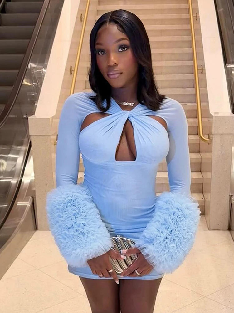 Melisandre™ Furry Sleeve Hollow Mini Dress