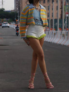 Striped Knit Cropped Cardigan Zipped Sweater