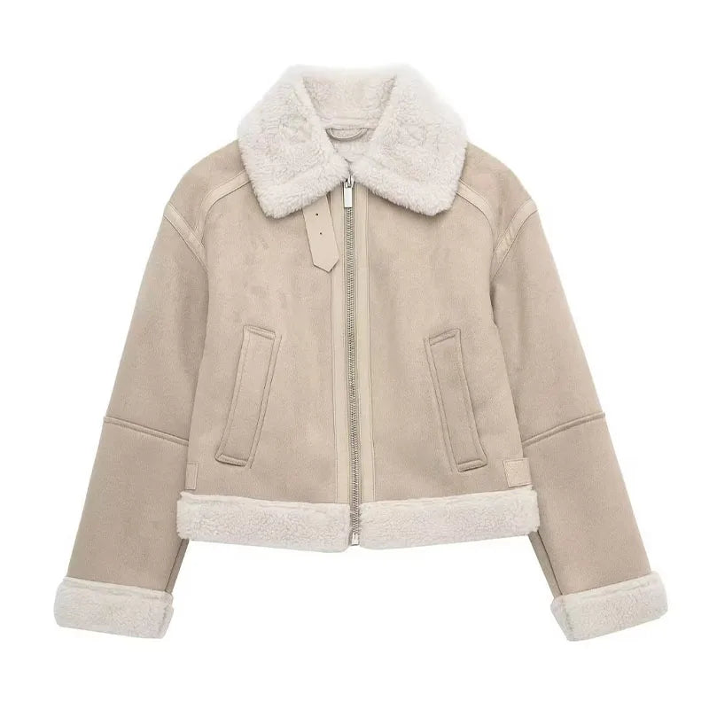 Beige Faux Shearling Aviator Jacket