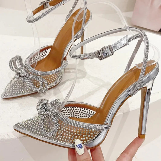 Crystal Detail Bow Knot Pointed Toe Heels