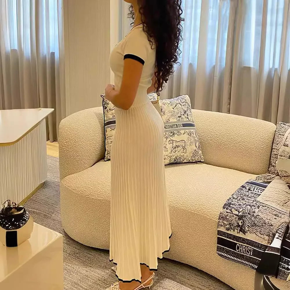 Pleated Maxi Skirt Short Sleeve Top Two piece Set