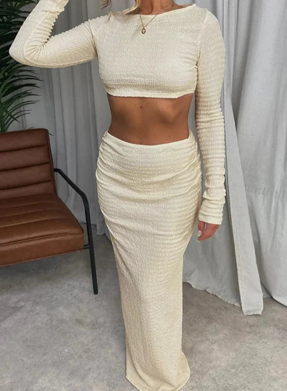 Long Sleeve Crop Tops & Maxi Skirt Two Piece Set