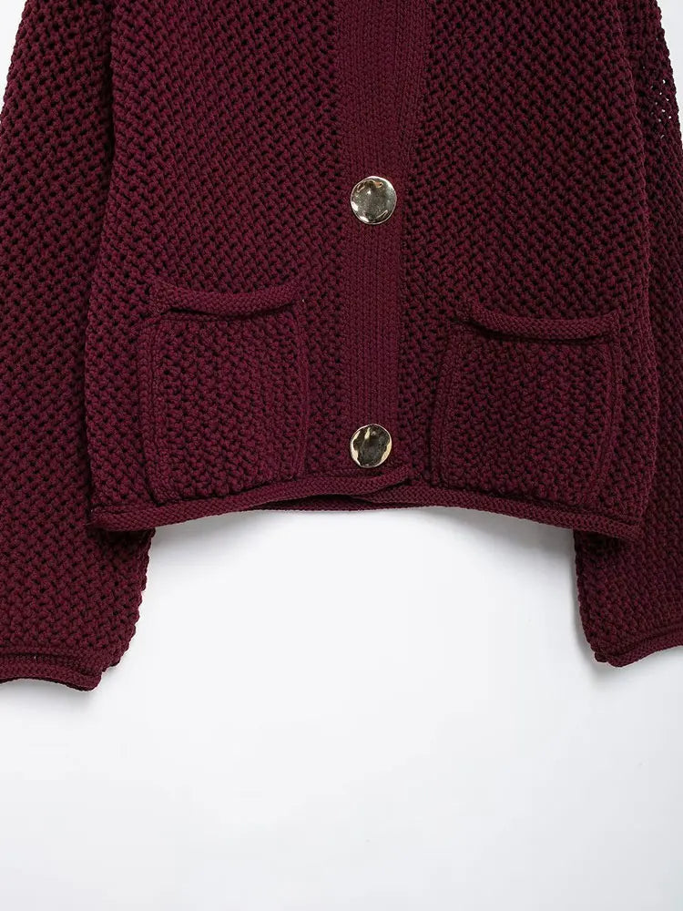 Burgundy Knitted Button Detail Cardigan