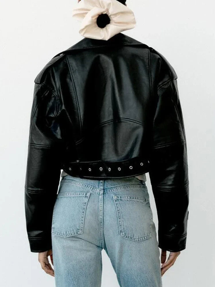 Oversized Vintage Black Loose Faux Leather Biker Jacket