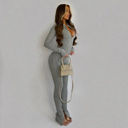 Zipper Coat & Split Leggings Two Piece Set