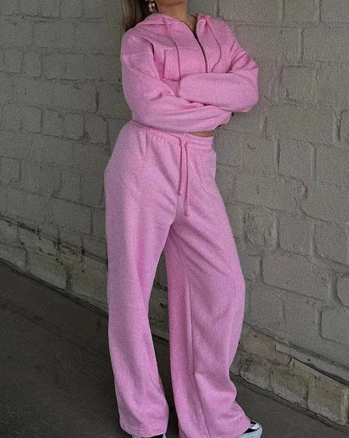 Zipper Pocket Hoodie & Seam Detail Joggers Two Piece Set