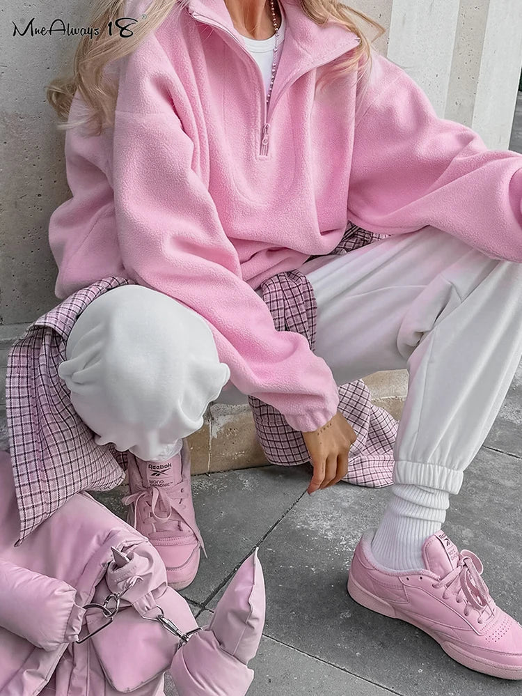 Polar Fleece Pink Zipper Pullover Sweater