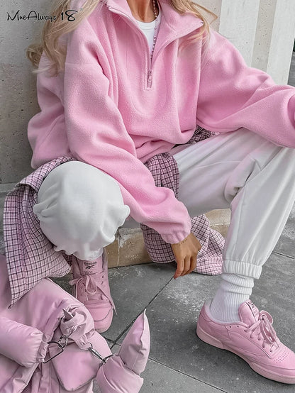 Polar Fleece Pink Zipper Pullover Sweater